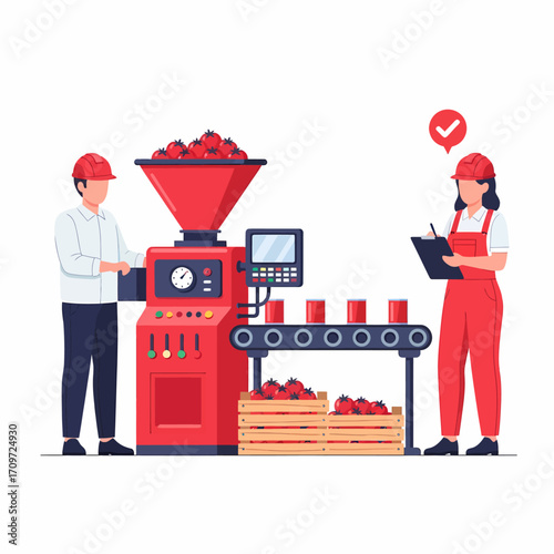 Two workers operating a tomato canning machine in a factory.