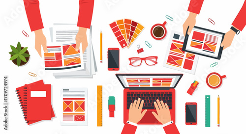 Teamwork on a website design project, top view.