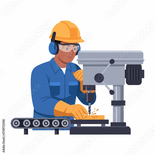 Worker operating a drill press in a factory setting.
