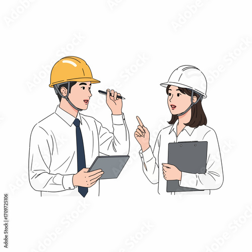 Two engineers, a man and a woman, discuss project plans.