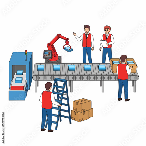 Factory assembly line with workers and robotic arm packaging products for distribution.