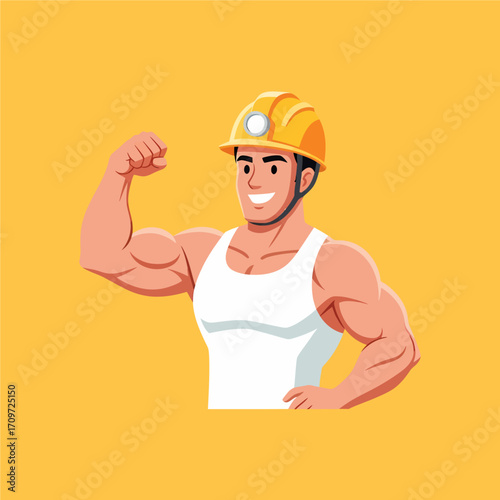 Muscular miner in a yellow hard hat, smiling and flexing biceps.