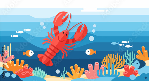 Happy lobster swimming in a vibrant coral reef.