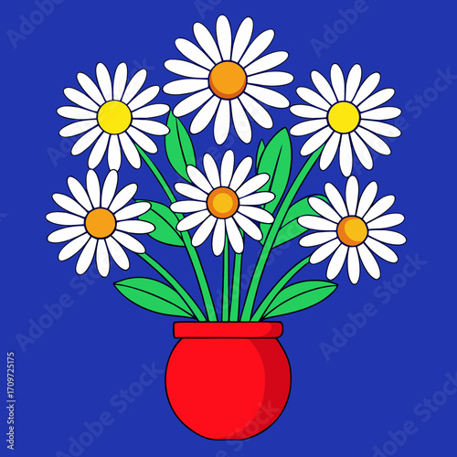 Bouquet of white daisies in a red vase on a blue background