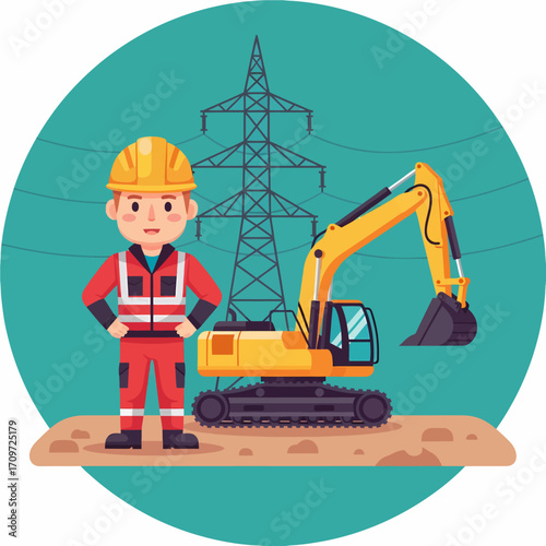 An electrician in uniform standing next to an excavator with power lines in the background.