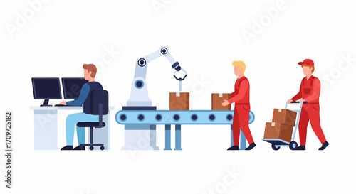 Automated production line with robotic arm, conveyor belt, and human workers managing logistics and operations.