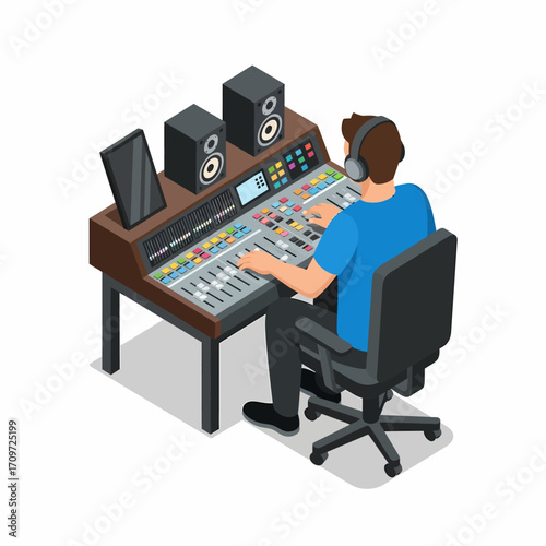 Isometric illustration of a sound engineer working at a mixing console.