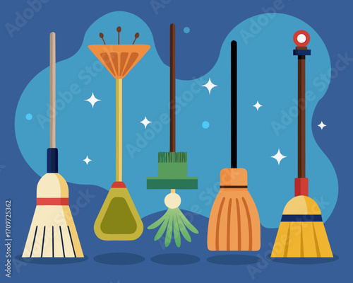 Collection of colorful cartoon brooms and dusters on a blue background