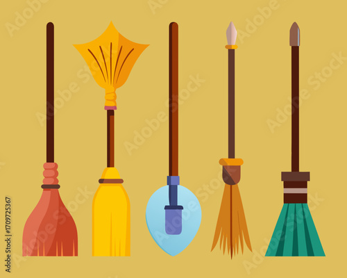 Collection of five stylized brooms with different designs and colors
