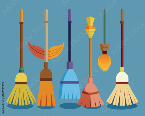 Collection of colorful brooms and leaves on a blue background