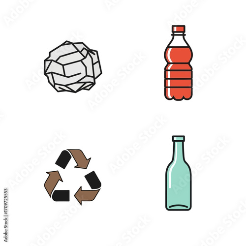 A collection of four recycling icons: crumpled paper, a plastic bottle, a glass bottle, and the universal recycling symbol.
