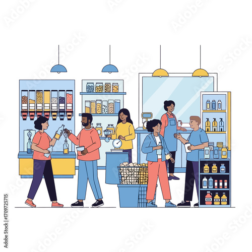 Diverse group of people shopping at a zero-waste refill store, using reusable containers to buy products in bulk.