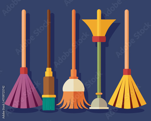 Collection of colorful brooms and cleaning tools on a dark blue background