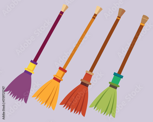 Four colorful cartoon brooms on a light purple background