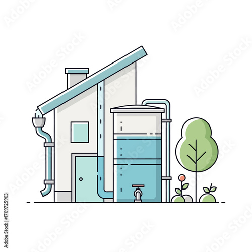 Residential rainwater harvesting system illustration showing a house with gutters connected to a water tank.