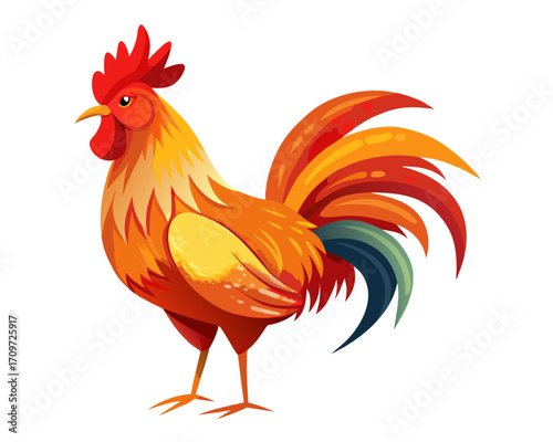 Vibrant rooster standing profile with colorful tail feathers