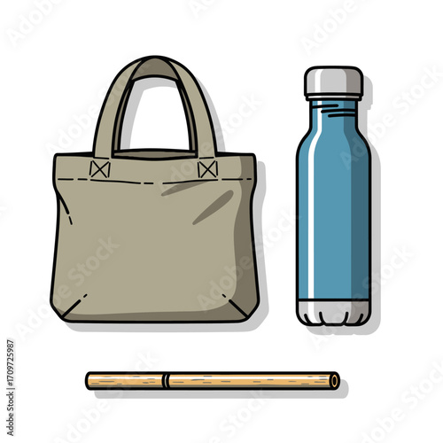 Reusable shopping bag, water bottle, and straw.