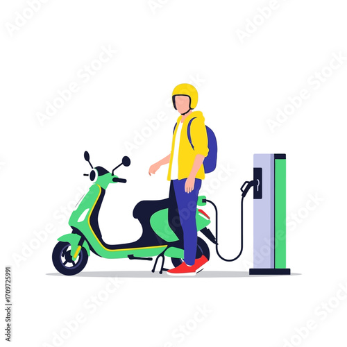 A person with a helmet and backpack charging a green electric scooter at a public EV station.