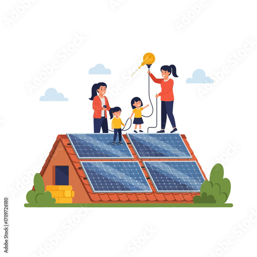 A family installs solar panels on their rooftop, symbolizing a commitment to renewable energy and a sustainable future.