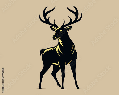 Elegant black deer silhouette with golden accents on a beige background