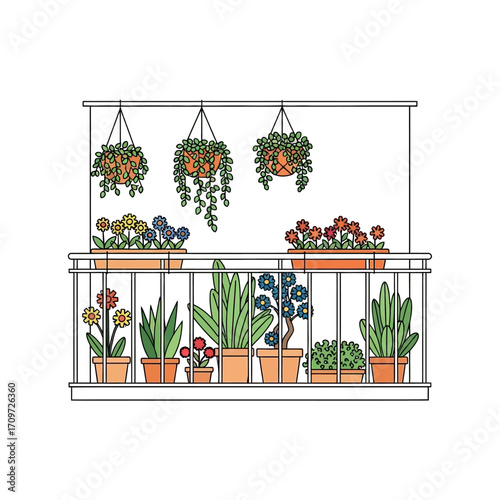 An illustration of a vibrant urban balcony garden with various potted and hanging plants and colorful flowers.