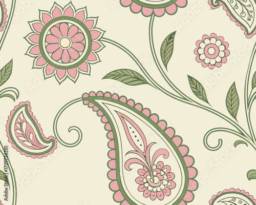 Seamless paisley floral pattern in pink and green on cream background