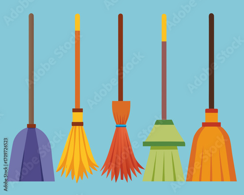 Collection of colorful brooms on a light blue background