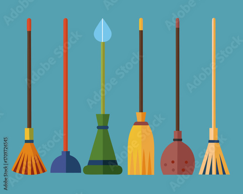 Collection of colorful cleaning tools and brooms on a blue background