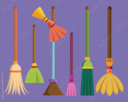 Collection of colorful cartoon brooms and cleaning tools
