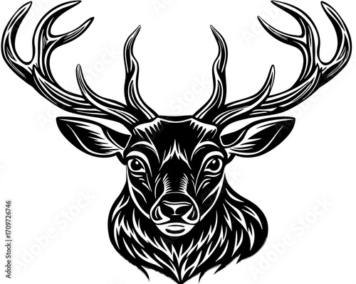 Stylized black and white deer head with antlers