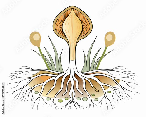 Cross section illustration of a mushroom with visible roots and surrounding vegetation