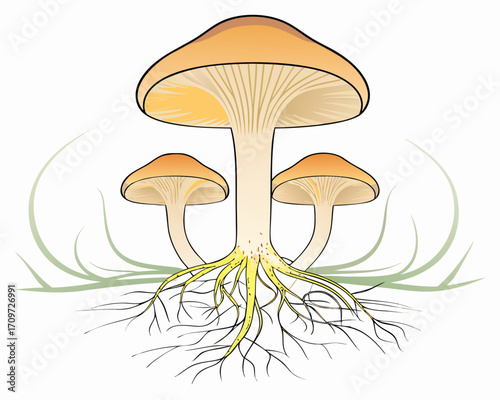 Illustration of three mushrooms with visible roots and grass blades