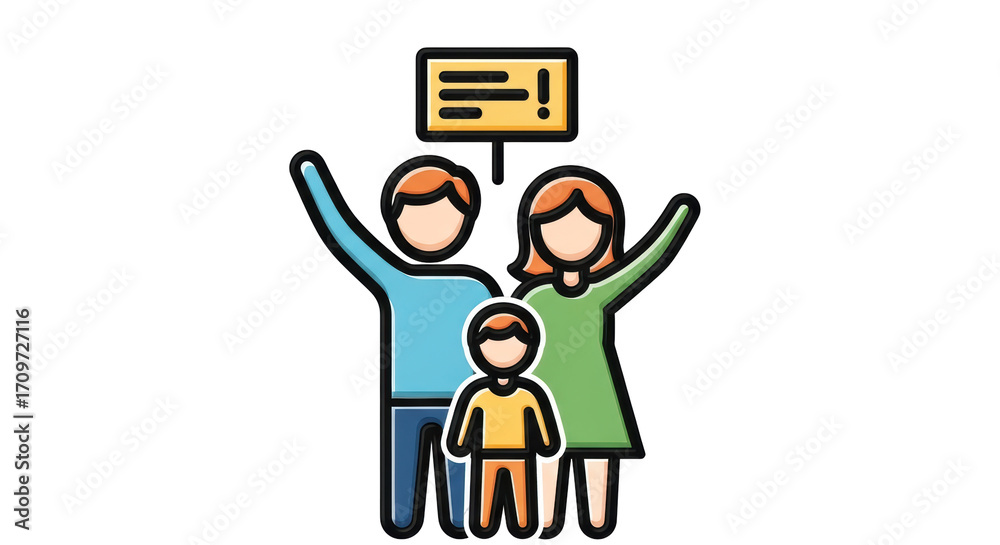 Obraz premium Isolated family with raised hands at demonstration, symbol or sign above, vector design