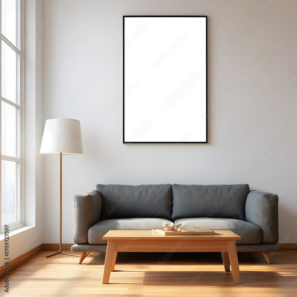 Fototapeta premium Modern living room mockup with blank poster frame above sofa and coffee table white blank frame