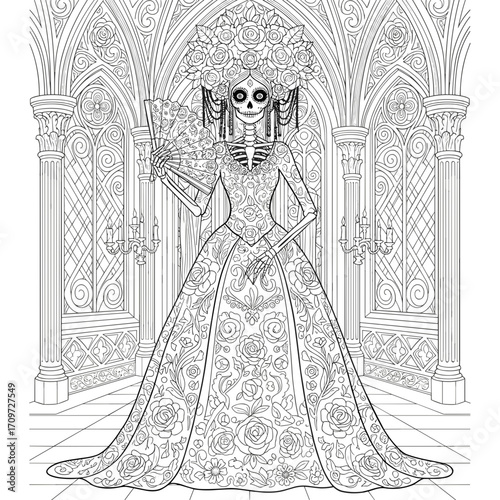 Skeleton woman Muertos in elaborate dress holding a fan in gothic setting  coloring