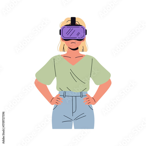 Woman immersed in virtual reality, wearing a headset, hands on hips, experiencing a digital world.