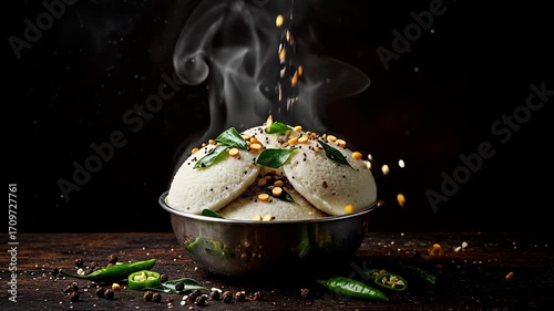 Steaming hot South Indian Idli, perfectly seasoned and garnished with fresh curry leaves and chilies, with a dramatic, dark food photography style.

