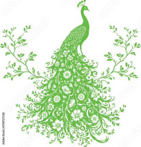 Green Peacock Vector Illustration — Ornate Standing Bird with Floral Tail Feathers and Leafy Accents in Decorative Style