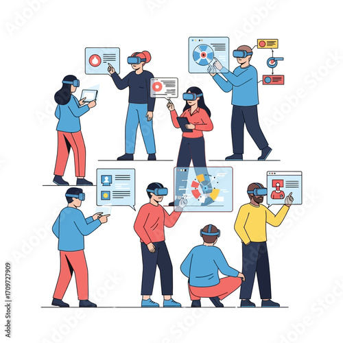 A diverse group of people interacting with virtual reality interfaces, exploring digital data.