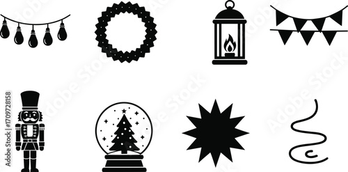 holiday, decoration, icon, wreath, lantern, lights, pennant, nutcracker, snow globe, star, ribbon, festive, Christmas, vector, black, white, design, art, seasonal, ornament