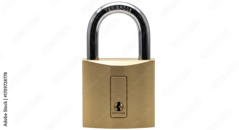 Fototapeta premium Isolated brass metal padlock closeup, secure storage locker for private security protection