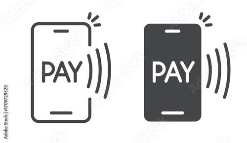 Payment icon online via mobile cell phone app icon line stroke outline simple vector graphic illustration set, solid bold digital pay with cellphone smartphone tech sign symbol pictogram image set
