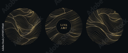 Abstract Japanese vector logos with golden waves, circular ornaments, elegant line textures, Asian sea and river motifs. Modern oriental background luxury posters, labels.