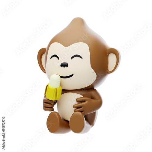 Monkey Eating Banana Ice Cream 3D Character Illustration.