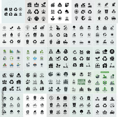 Collection of various eco-friendly and sustainable icons, illustrating green living and environmental concepts.