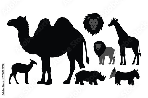 Collection of African wildlife silhouettes including a camel, lion, giraffe, rhinoceros, and antelope