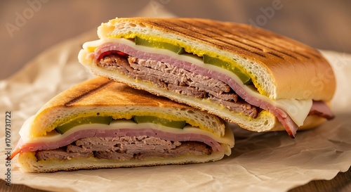 Cuban sandwich cut in half on a craft paper, close up horizontal view