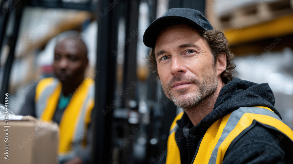 Obraz premium A man in an orange safety vest poses for the camera in a warehouse setting, highlighting the critical roles played by individuals in ensuring safety and productivity in logistics.