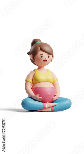 Cartoon pregnant woman in yoga pose, cross-legged, holding her belly, wearing sportswear.