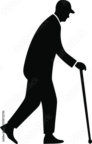 Elderly man silhouette walking with cane vector